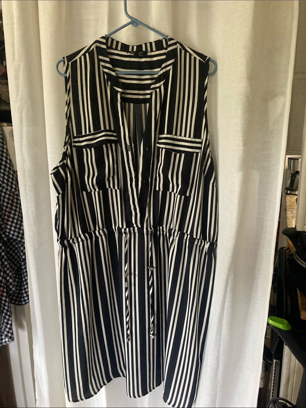 Sleeveless Black and White Striped Midi Shirt Dress